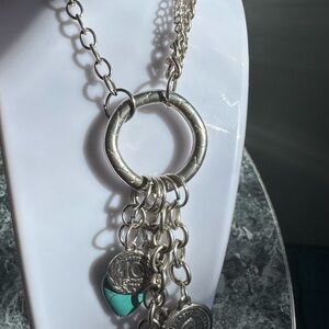 Silver-Tone Circle Pendant Charm/Coin Necklace with Turquoise Accent